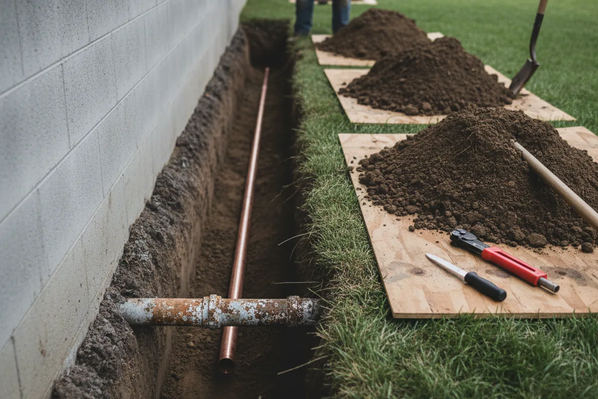 Excavated water line trench during Sewer Line Repair in Roebling